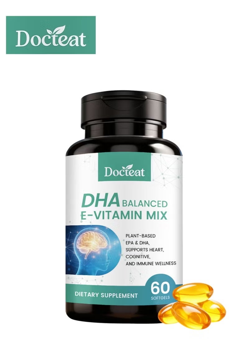 دوكتيت زيت الطحالب Docteat DHA متوازن فيتامين E Softgels - 60 كبسولة الصيغة القائمة على النباتات تدعم صحة القلب والدماغ والمناعة - Image 1